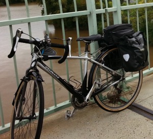 bike with rear panniers, rack bag